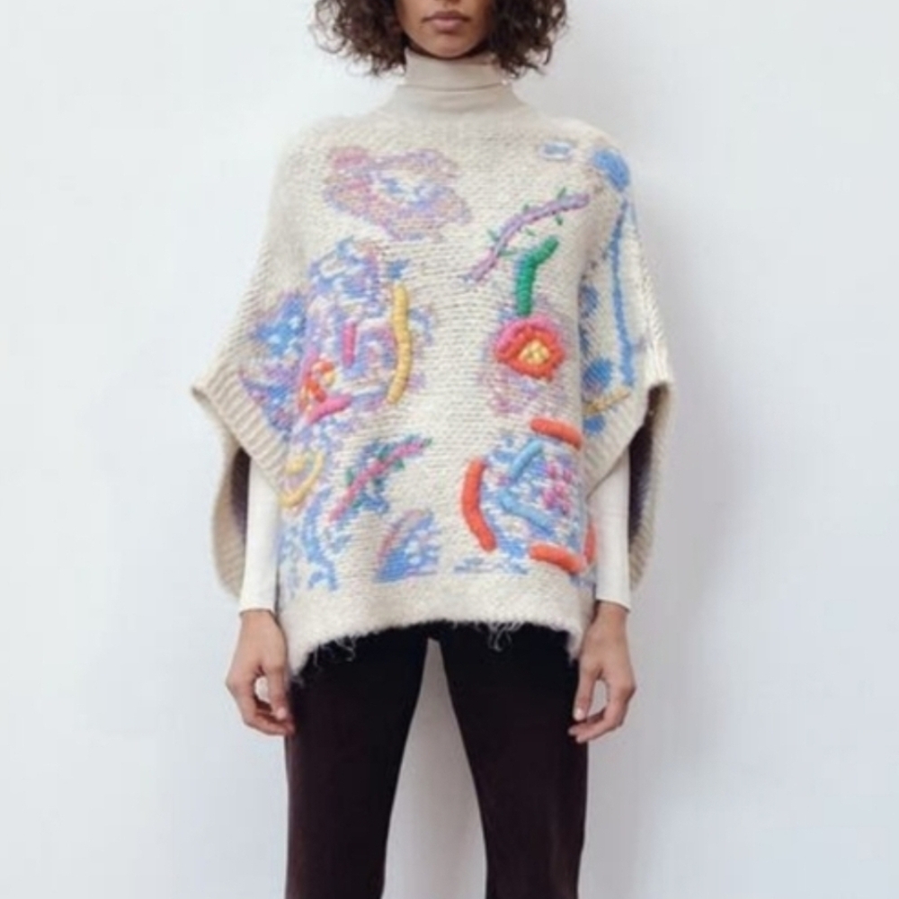 Zara Embroidered Floral Chunky Knit Sweater Poncho Cape